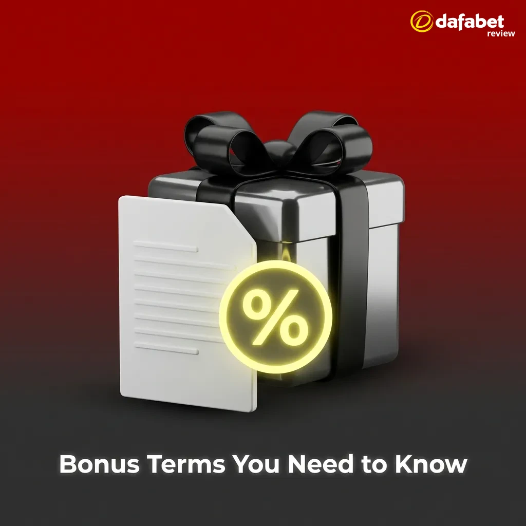 Dafabet bonus terms list showing deposit minimums, wagering requirements, and withdrawal conditions for players.