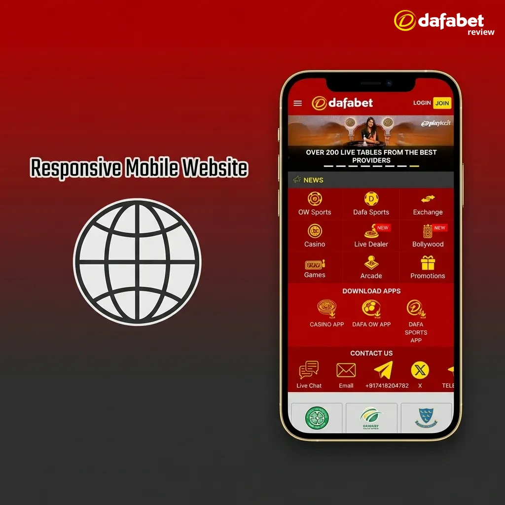 Dafabet mobile website interface showing betting options accessible through any smartphone browser without downloading an app.
