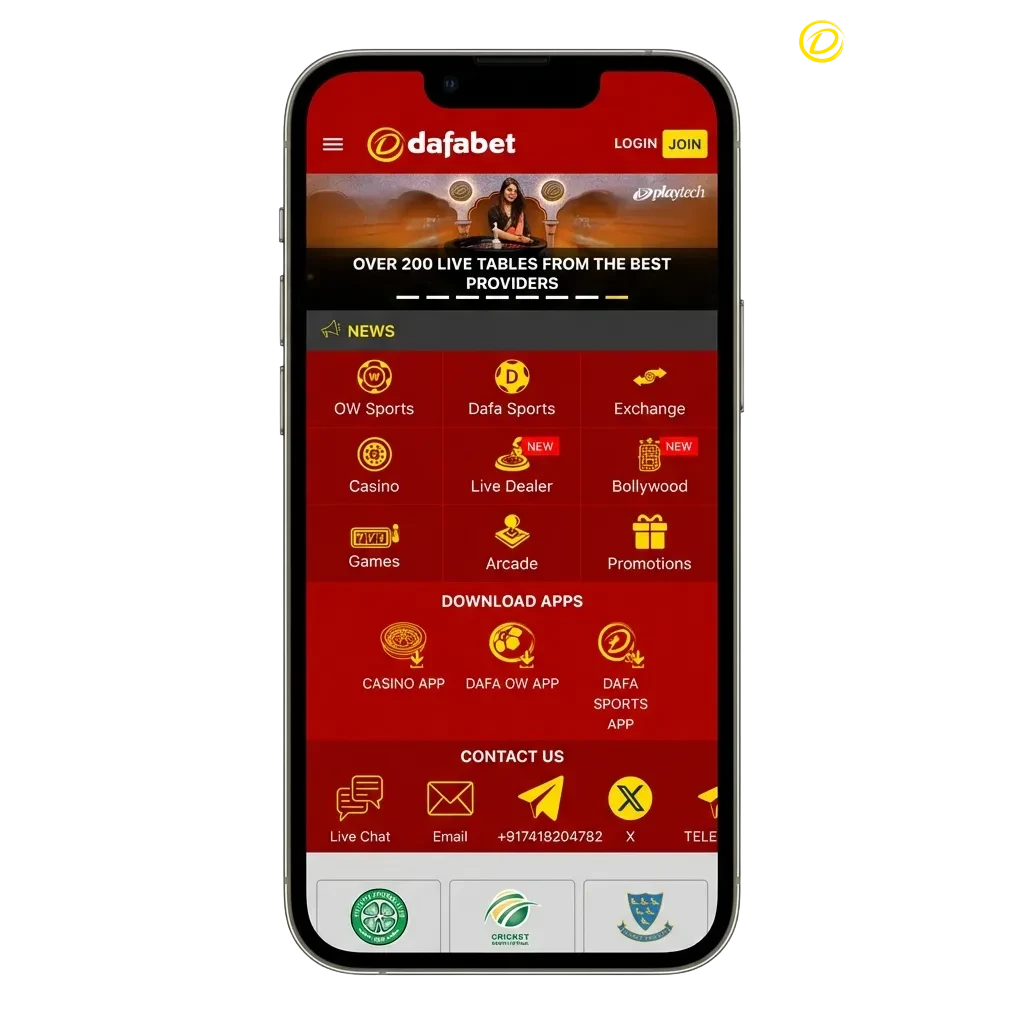 Dafabet mobile app interface showing sports betting options with welcome bonus offer for Indian users