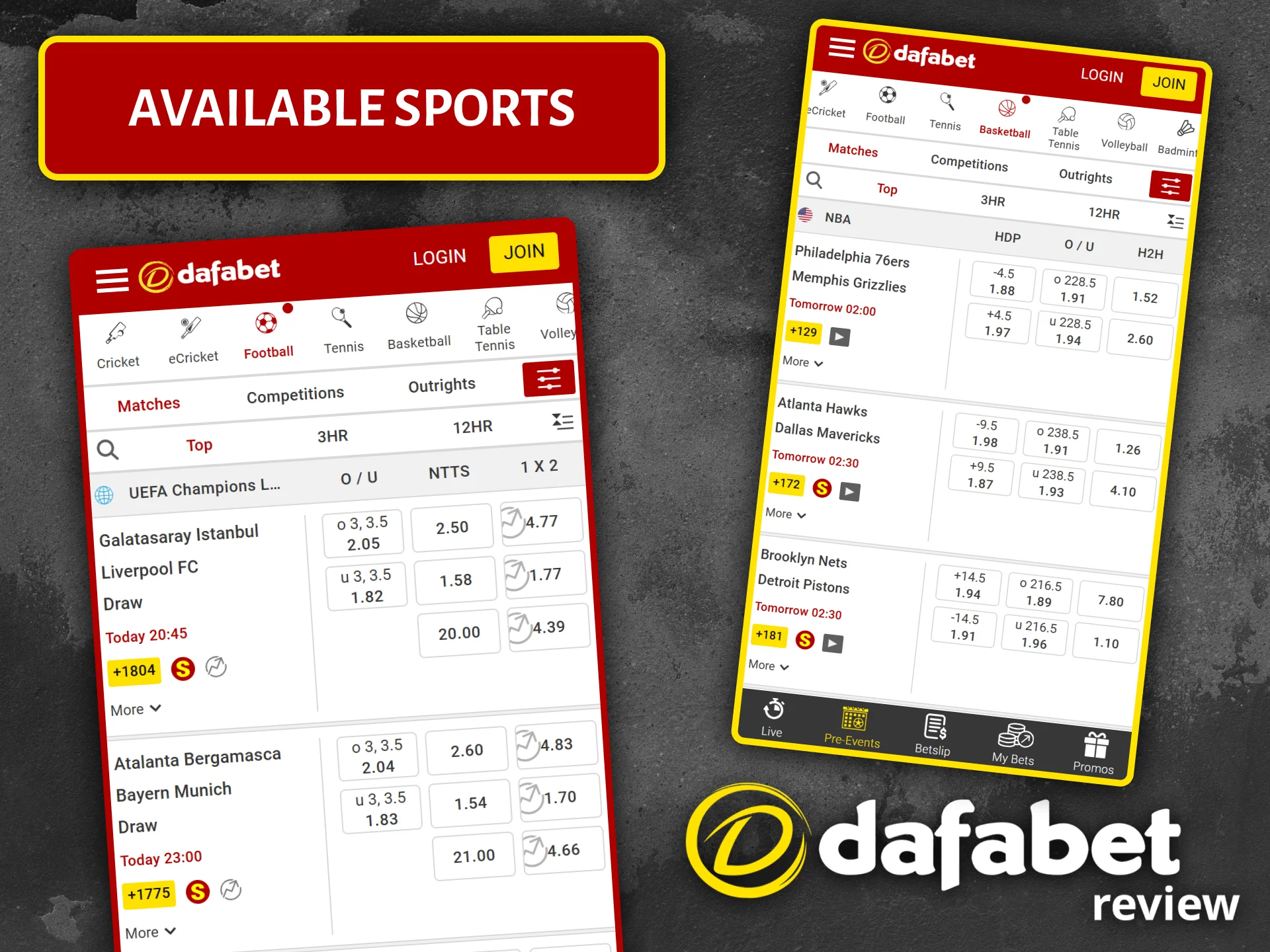 Explore the wide selection of sports available for betting on the Dafabet app.