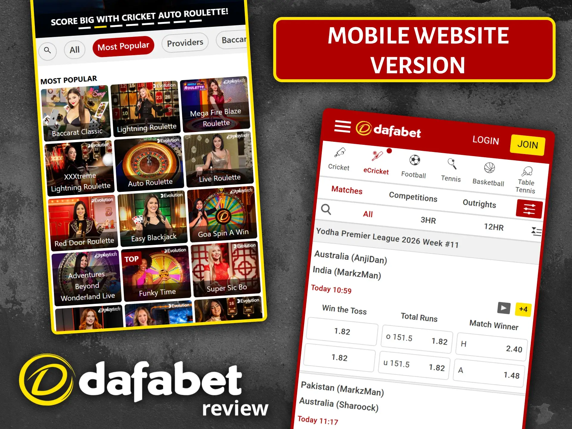 Access all of Dafabet's bookmaker features through the fully optimized mobile version of the site.