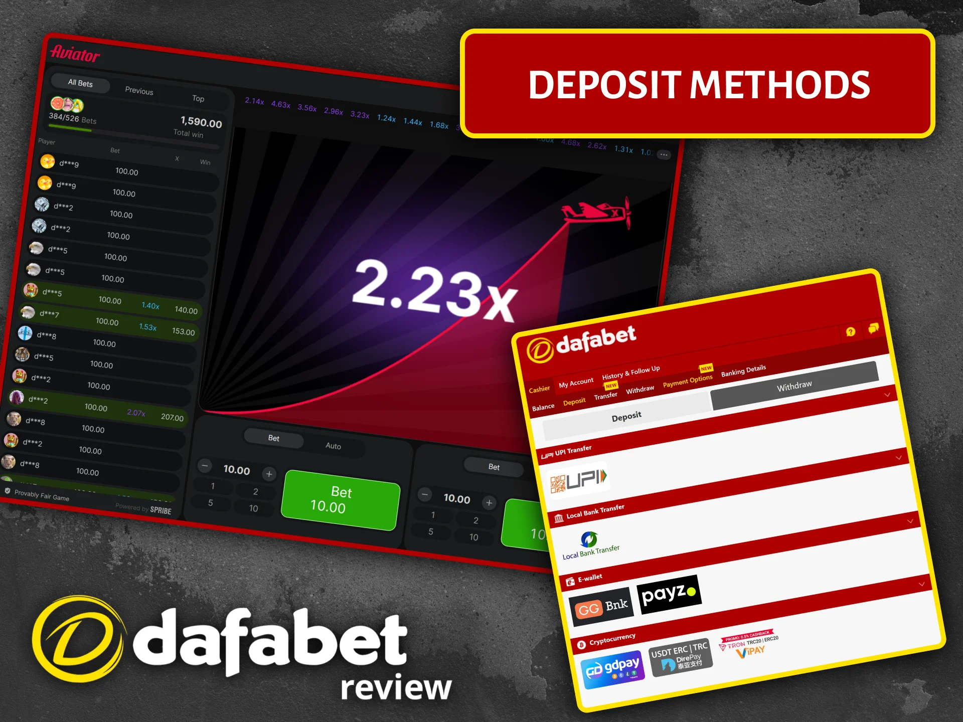 Choose safe deposit methods at Dafabet to play Aviator and other casino games.