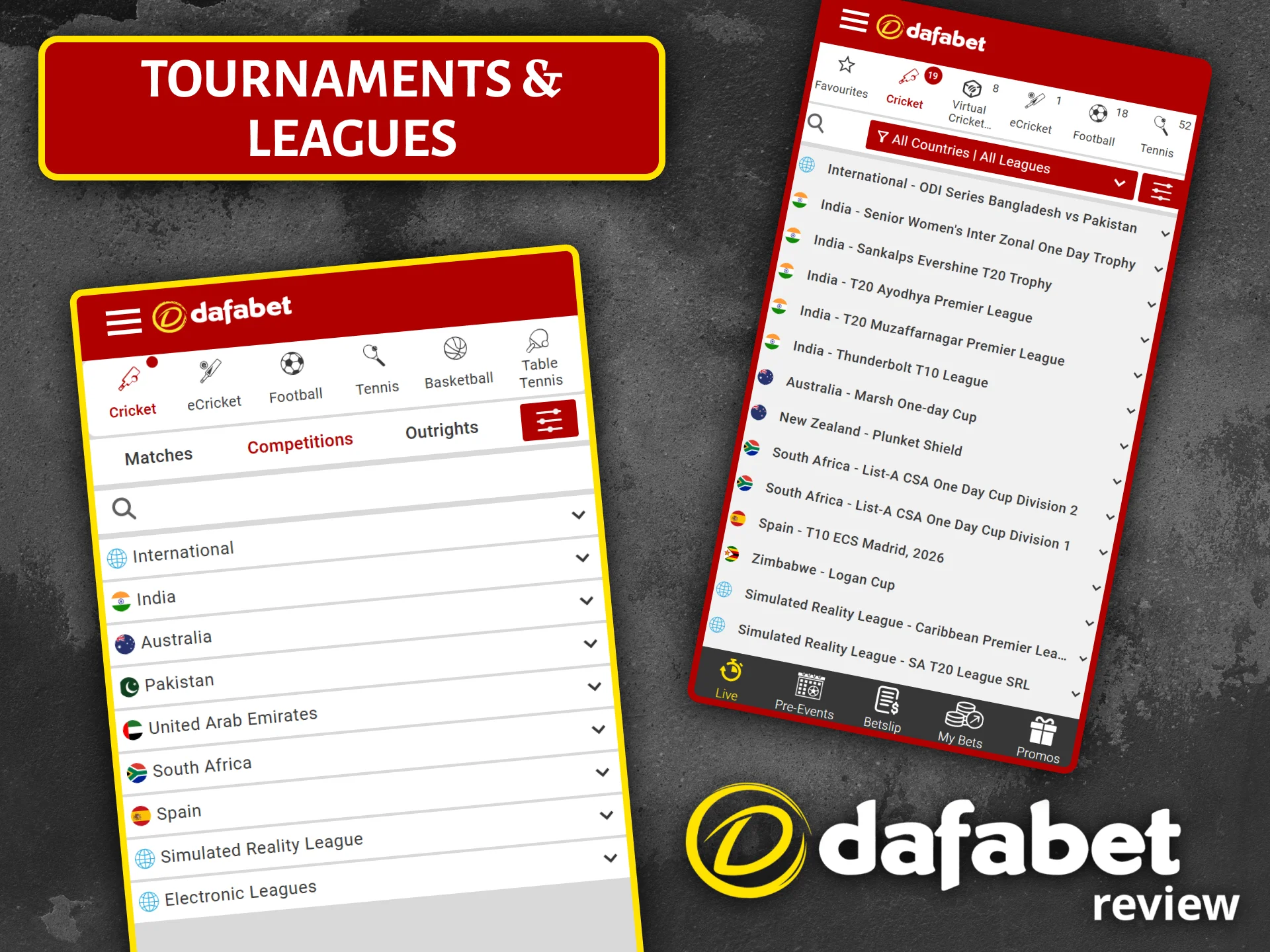On the Dafabet website, you will find a wide selection of cricket tournaments, including Indian and world leagues.