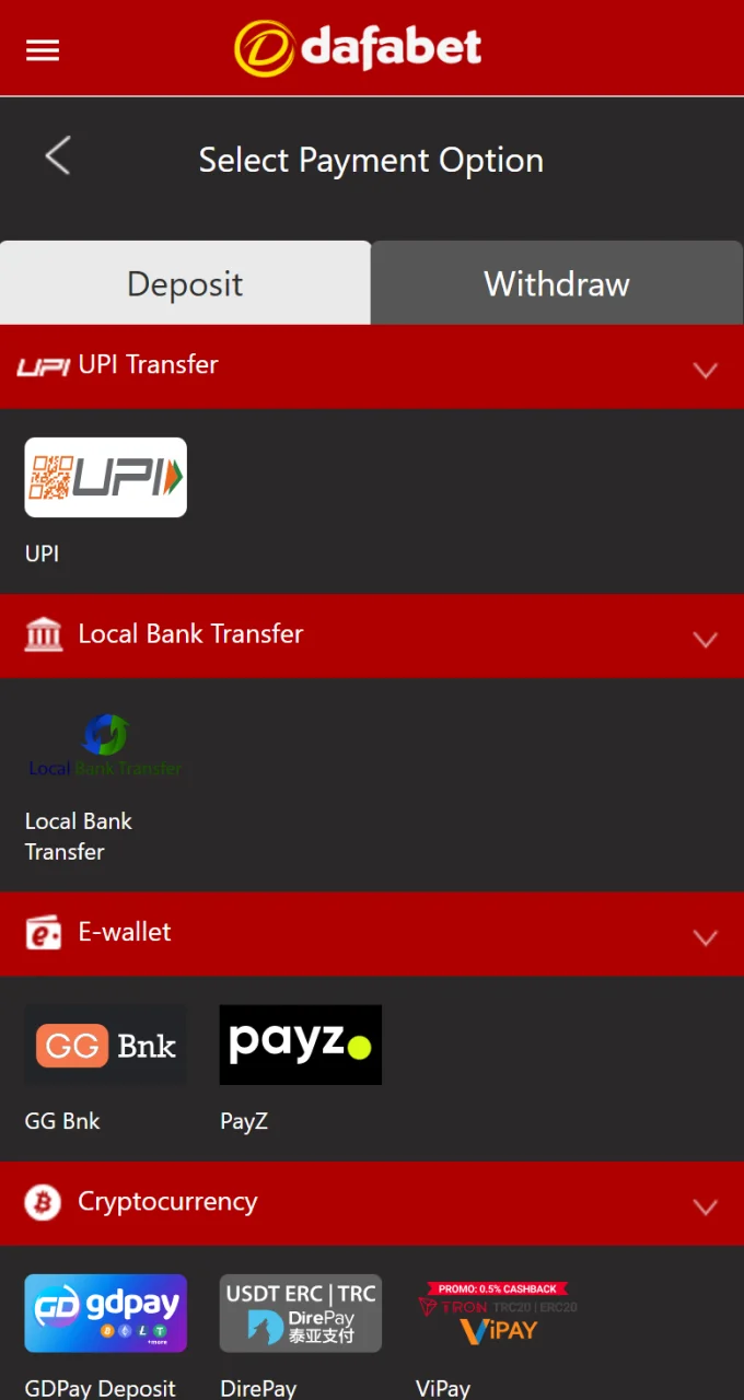 Make a deposit to start betting on cricket at Dafabet.