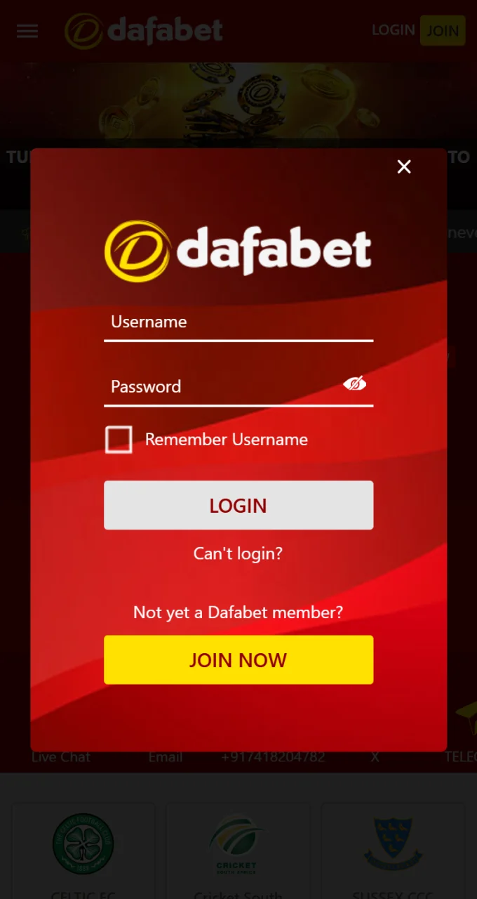 Log in to your Dafabet account to start betting on cricket.
