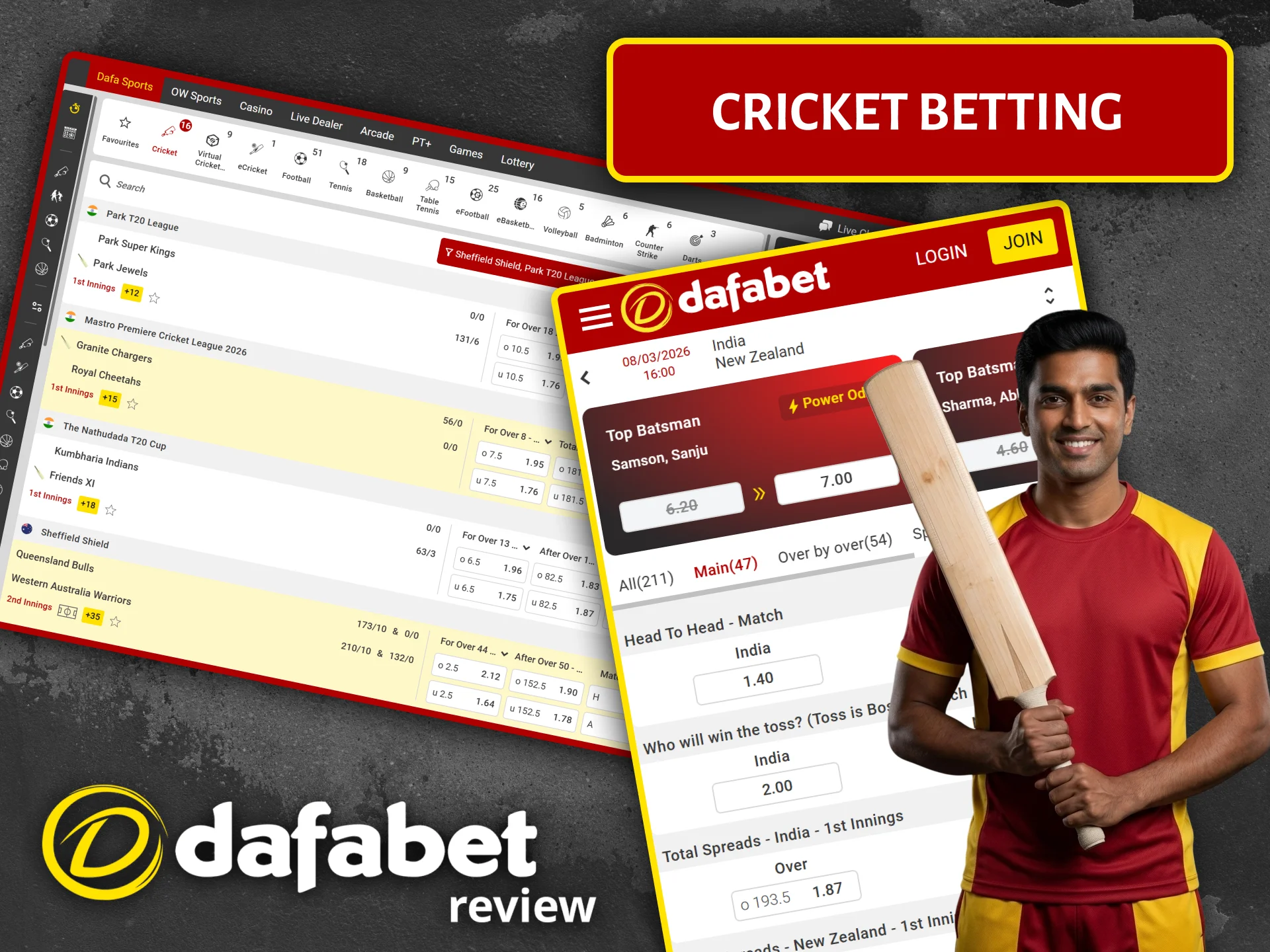 Place your bets on international and domestic matches at leading cricket bookmaker Dafabet.
