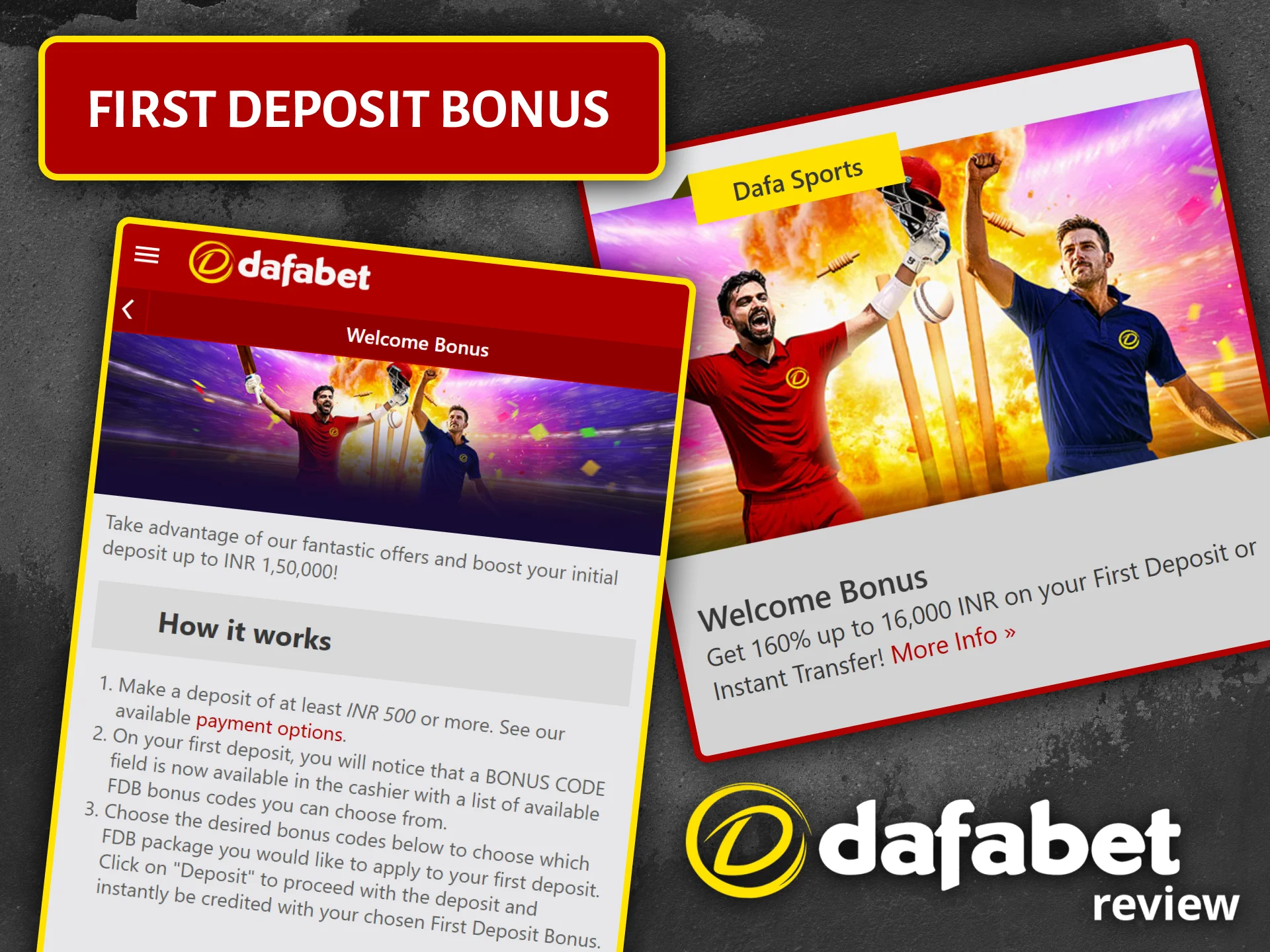 Get a 160% first deposit bonus on sports betting when you register with Dafabet.