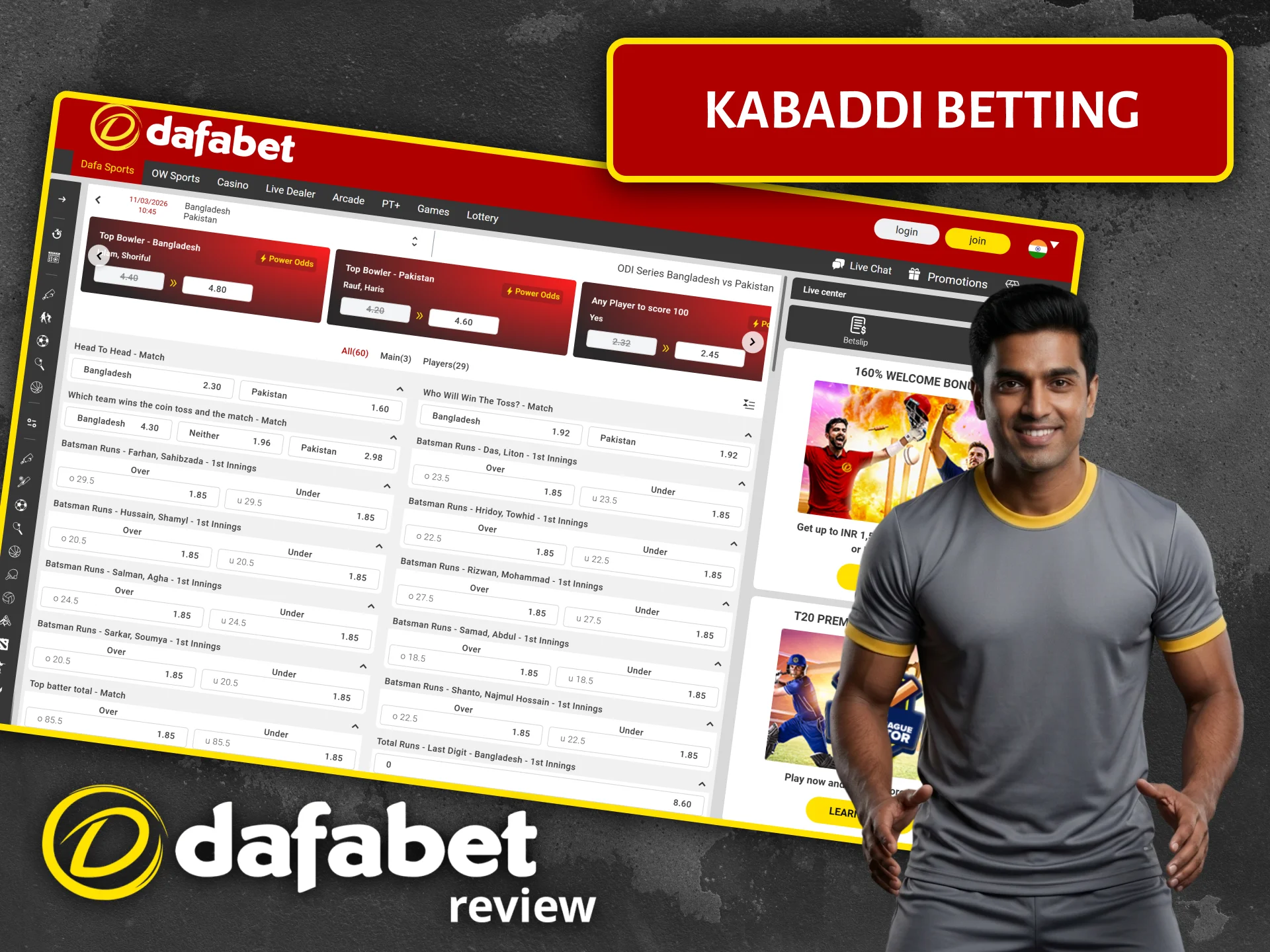Choose live kabaddi betting on the Dafabet platform.