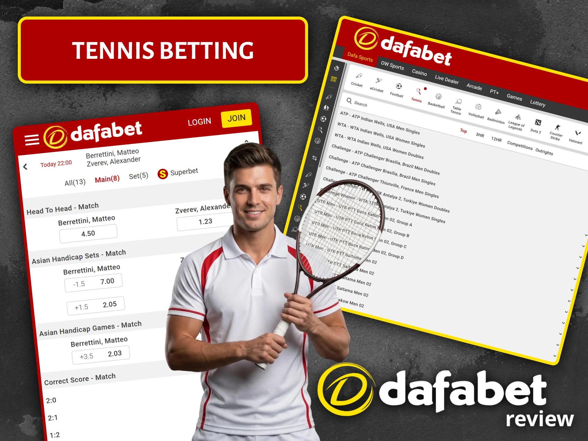 Bets on Grand Slam and ATP tournaments await you at the Dafabet sports betting site.