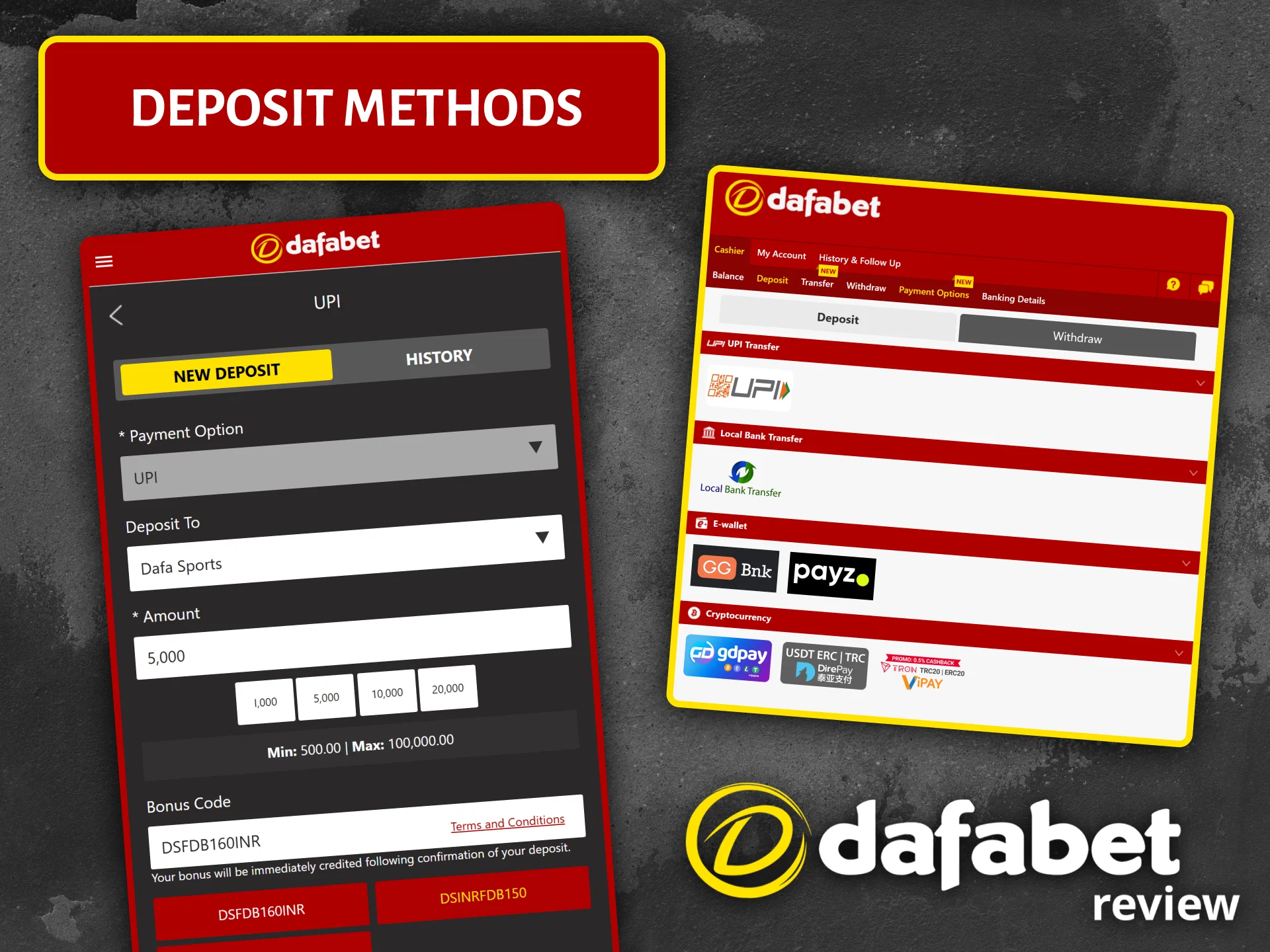 Choose one of the popular deposit methods at Dafabet to instantly fund your casino gaming account.