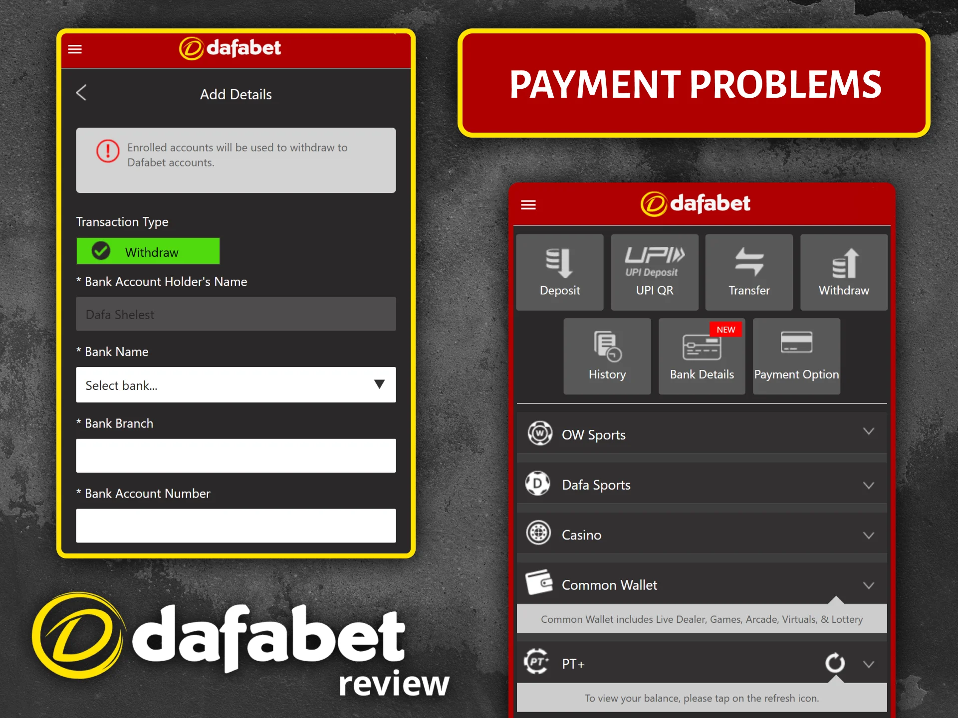 Find solutions to potential payment issues when depositing or withdrawing funds to Dafabet.